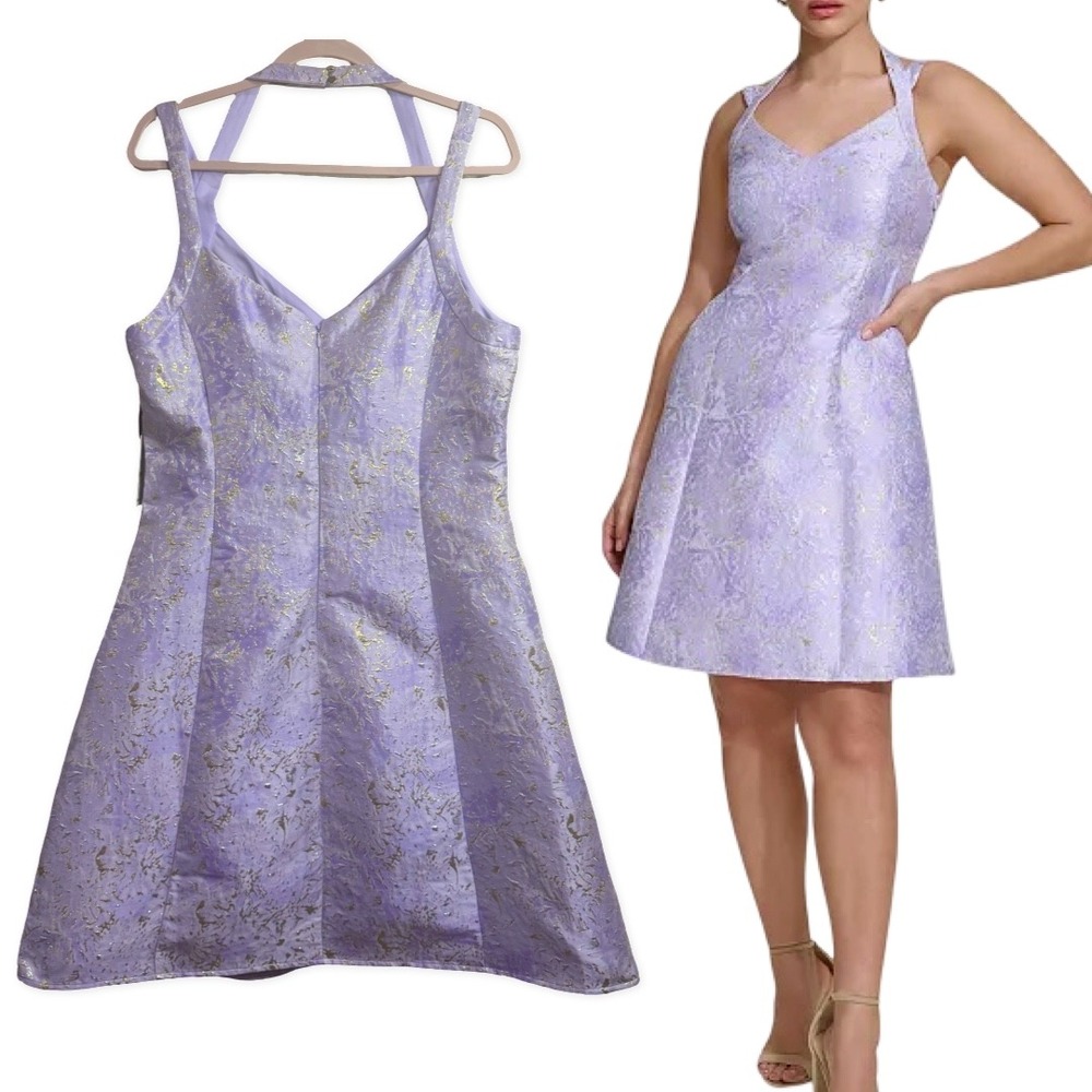 KENSIE Halter Neck Dress A-Line Purple Sz 12 Large‎ Jacquard Metallic Sleeveless